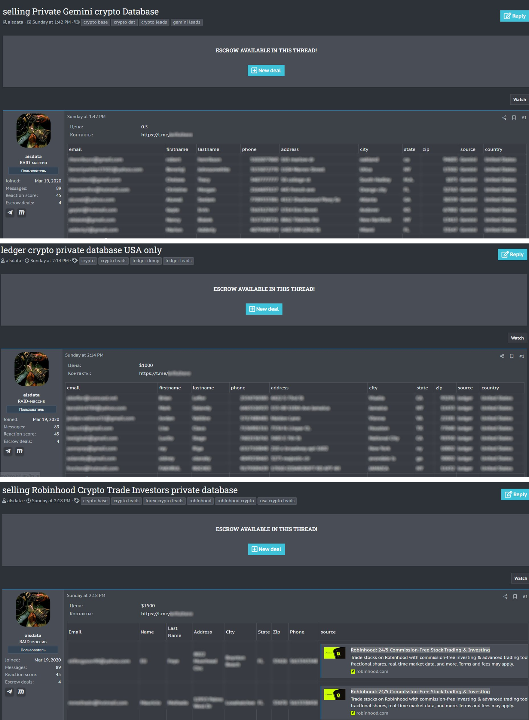 Threat Actor Selling Ledger, Gemini, Robinhood Users’ Data. Source: X/Dark Web Informer