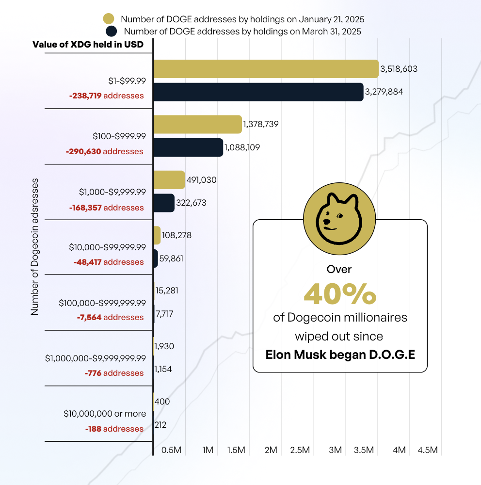 Hơn 40% triệu phú Dogecoin đã bị xóa sổ kể từ khi Elon Musk bắt đầu D.O.G.E.