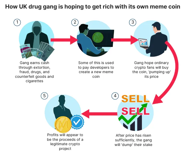 Minh họa cách tội phạm rửa tiền bằng meme coin. Nguồn: MailOnline