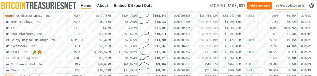 Các công ty nắm giữ Bitcoin theo quy mô danh mục đầu tư