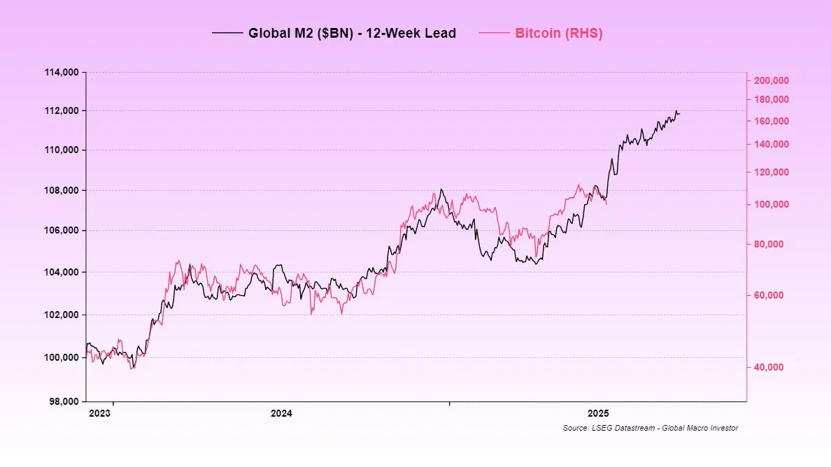 Bitcoin Price And Global M2 Supply. Source: Raoul Pal