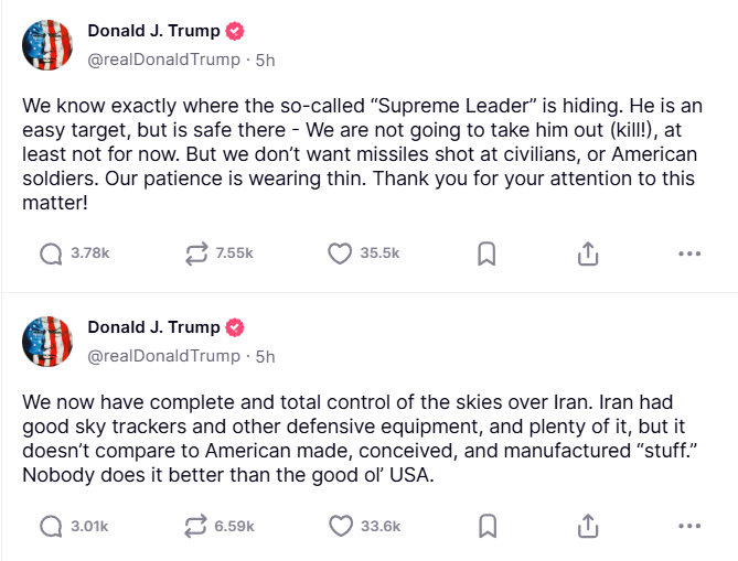 Cảnh báo của Tổng thống Mỹ Donald Trump về xung đột, từ ngày 17/06/2025. Nguồn: Truth Social