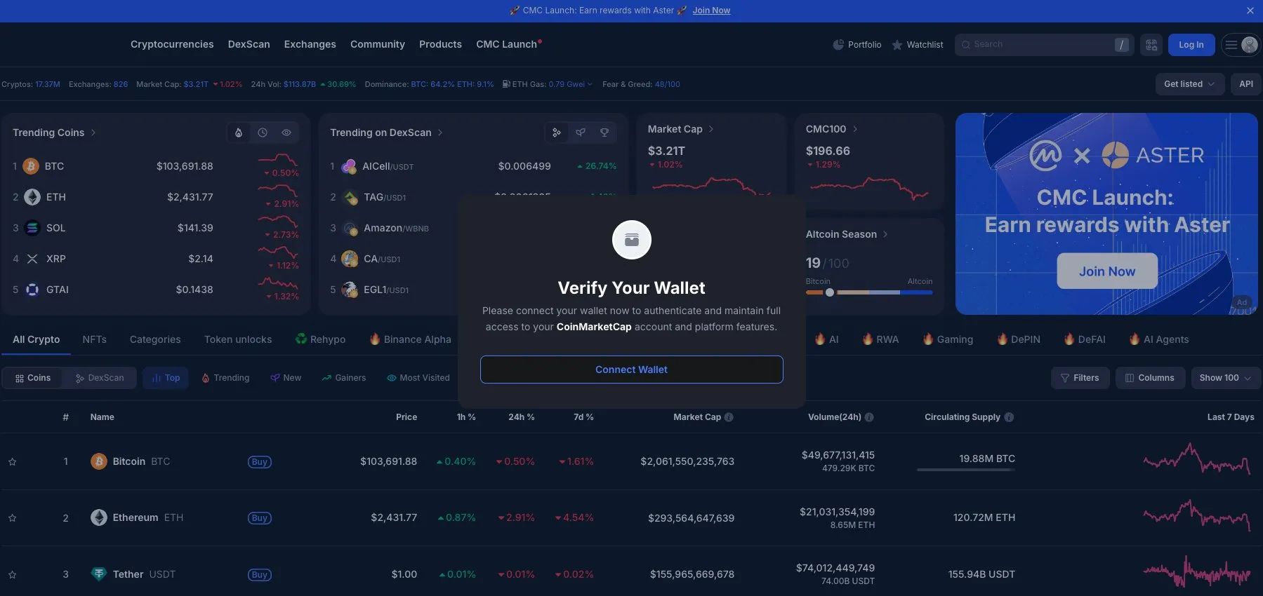 Thông điệp bật lên độc hại trên trang chủ CoinMarketCap.