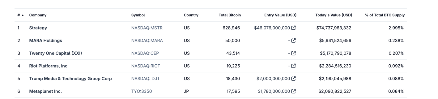 
Bitcoin Holdings by Public Companies. Nguồn: CoinGecko
